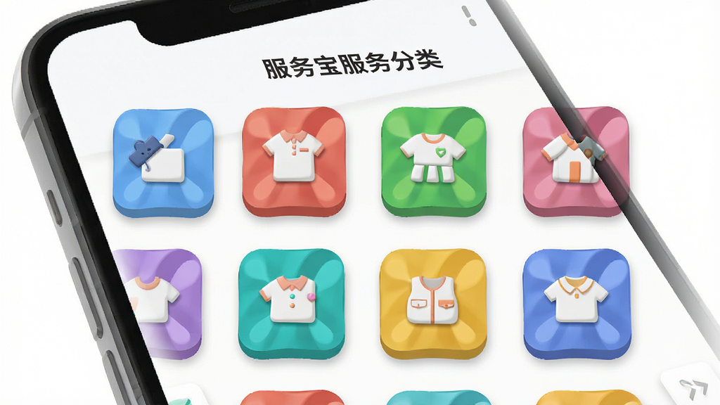 一张展示家服宝服务分类页面的手机截图风格插图,画面主体为手机屏幕,屏幕内显示多个彩色服务分类图标,布局为网格状排列,风格为清新扁平化设计,细节上图标带有轻微立体感,背景为白色,画质高清,画面干净整洁,无多余元素