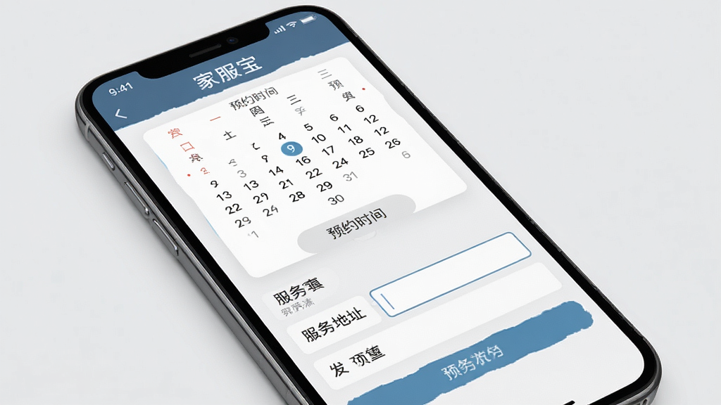 一张展示家服宝在线预约界面的手机样机图,画面主体为一部手机,屏幕显示预约时间选择和服务地址填写界面,布局为上下结构,风格为简约商务风,细节上日历控件和输入框清晰可见,背景为浅灰色,画质高清,画面干净,无多余元素