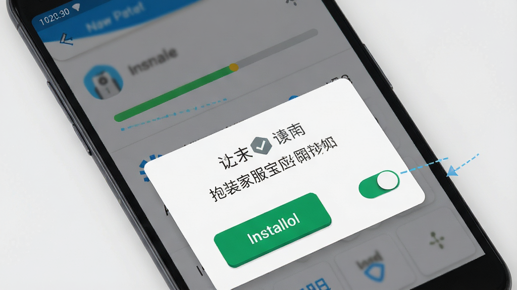一张展示安卓手机安装家服宝应用的步骤示意图,画面主体为手机屏幕,屏幕内显示安装进度条和权限确认弹窗,布局为上下结构,风格为简洁教程风,细节上安装按钮和权限开关清晰可见,背景为浅灰色,画质高清,画面干净,无多余元素