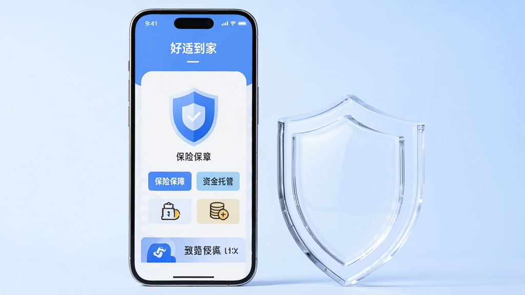 画面主体为一部智能手机,屏幕显示“好适到家”APP的订单保障页面,页面上有盾牌图标和“保险保障”“资金托管”等文字标签。手机旁放置一个透明的玻璃盾牌模型。布局为手机与盾牌并排摆放,背景为简洁的浅蓝色渐变。风格为科技感商业插图,细节清晰,光线明亮,画质高清,干净无多余元素。