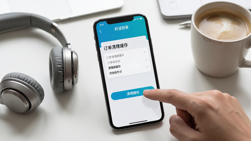 画面主体为一部智能手机,屏幕显示“好适到家”APP的订单清理缓存设置界面,手指正点击“清理缓存”按钮。手机旁放着一副耳机和一杯咖啡。布局为手机特写居中,背景是居家办公桌面。风格为写实生活场景摄影,细节清晰,光线柔和,画质高清,干净无多余元素。