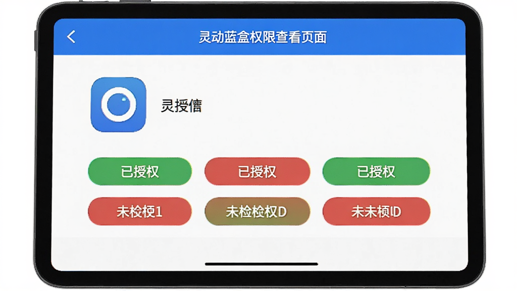 灵动蓝盒权限查看页面,屏幕中显示一个应用图标和若干权限标签,标签颜色分为绿色和红色,分别代表已授权和未授权,界面布局清晰,白色背景,蓝色强调色,画质干净