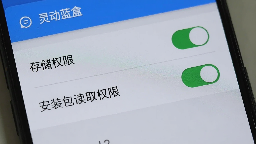 一部安卓手机屏幕显示灵动蓝盒的权限设置页面,页面中有“存储权限”“安装包读取权限”两个开关,开关处于开启状态,背景为浅灰色,界面简洁,画质清晰,无多余装饰