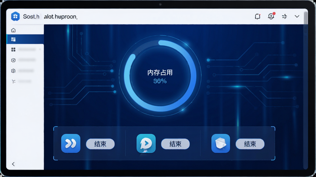 灵动蓝盒后台管理界面,屏幕中央显示一个环形进度条,标注“内存占用”,下方列出三个正在运行的应用图标,每个图标旁有“结束”按钮,界面采用深蓝色与白色搭配,风格科技感,画质高清