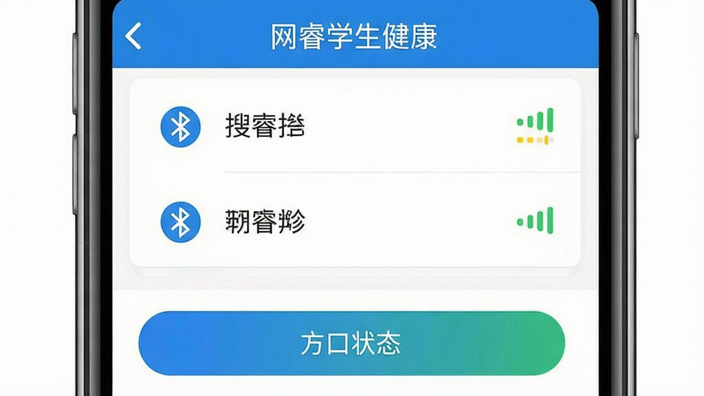 网睿学生健康App蓝牙设备连接界面截图,主体为手机屏幕显示设备搜索列表和连接状态,布局为顶部标题栏中间设备列表底部操作按钮,排版清晰层级分明,风格为移动端App界面设计展示,细节包含“网睿学生健康”文字标识、蓝牙图标、设备名称和信号强度指示,画质高清干净无多余元素