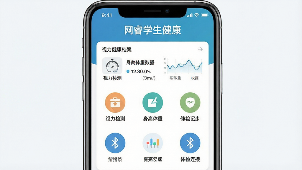 网睿学生健康软件主界面展示,主体为一部智能手机屏幕显示学生健康档案列表和体检数据图表,布局采用上下结构上方为软件名称“网睿学生健康”下方为功能模块图标环绕,排版简洁清晰,风格为现代扁平化医疗健康类App界面,细节包含视力检测数据、身高体重记录、蓝牙连接状态图标,画质高清干净无多余元素