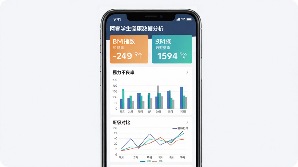 网睿学生健康数据分析仪表盘界面,主体为手机屏幕展示多维度健康数据图表,布局为上方汇总卡片下方柱状图和折线图排列,排版规整信息层次分明,风格为简约商务数据可视化,细节包含BMI指数、视力不良率、班级对比等图表元素,画质清晰干净无多余元素