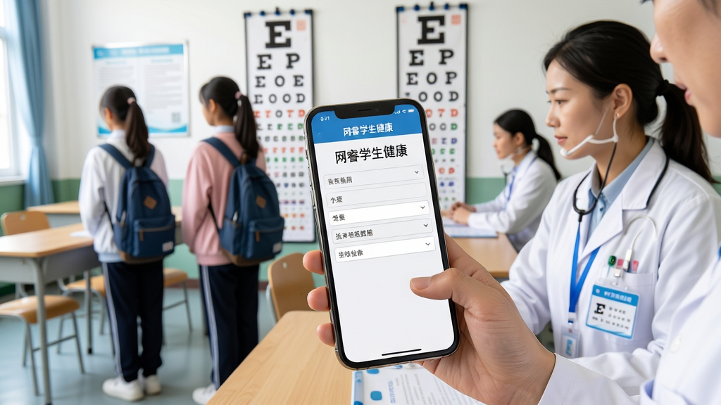 校医使用网睿学生健康App在体检现场录入学生数据的场景,主体为手持手机操作界面,布局为前景手机屏幕显示体检数据输入框和下拉选项,背景为学校体检现场桌椅和视力表,排版突出手机屏幕内容,风格为写实摄影风格,细节包含学生排队等候、校医佩戴工作证、手机屏幕显示“网睿学生健康”字样,画质清晰明亮干净无多余元素