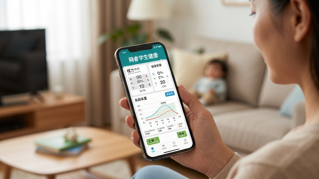 家长使用网睿学生健康App查看孩子体检报告的场景,主体为一位家长手持手机查看屏幕上的健康报告,布局为前景手机屏幕显示“网睿学生健康”体检结果页面背景为家庭客厅环境,排版突出手机内容,风格为温馨写实摄影,细节包含报告中的视力数据、身高体重曲线、正常范围标注,画质柔和清晰干净无多余元素