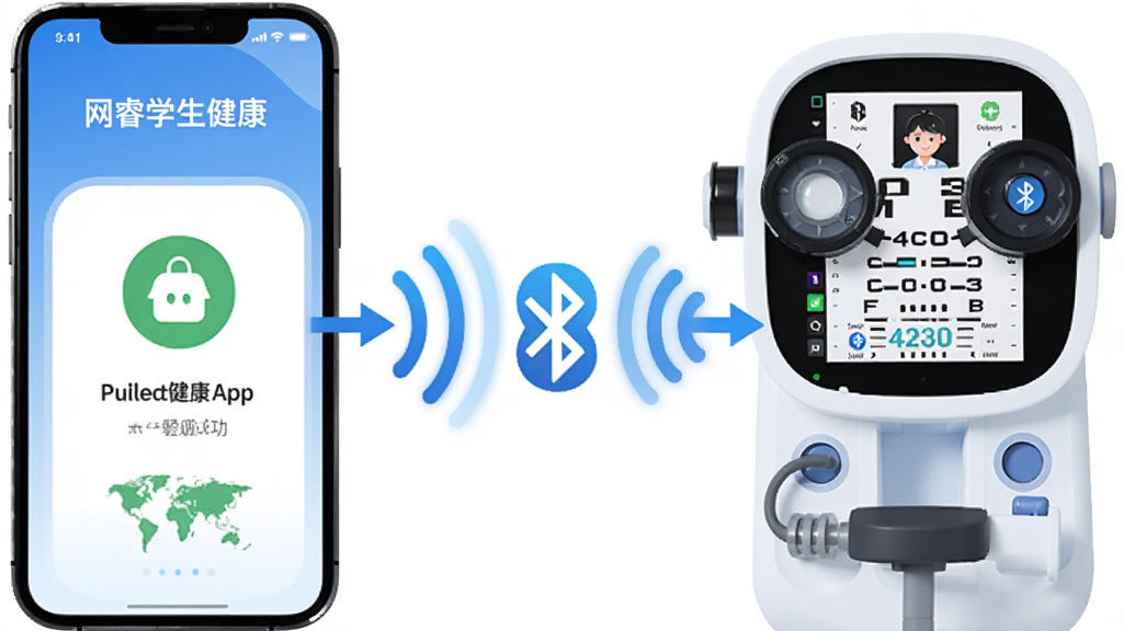 网睿学生健康App通过蓝牙连接电脑验光仪的示意图,主体为手机与验光仪设备之间以蓝色蓝牙信号线连接,布局为左侧手机显示“网睿学生健康”连接成功界面右侧验光仪屏幕显示验光数据,排版居中对称,风格为科技感扁平插画,细节包含蓝牙图标、数据流转箭头、学生头像,画质高清干净无多余元素