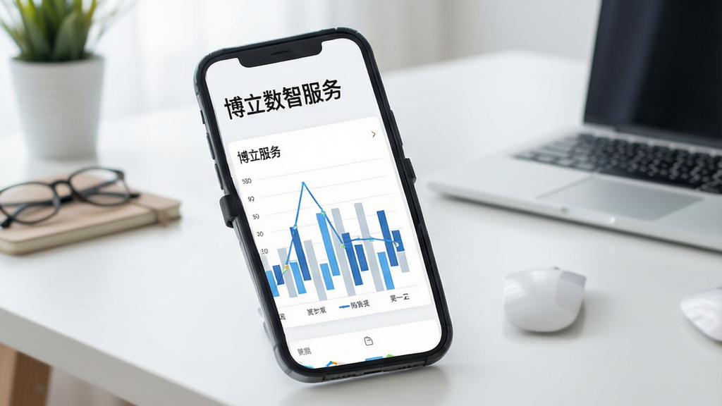 博立数智服务数据统计页面,手机屏幕显示柱状图与折线图,画面中包含“博立数智服务”文字,背景为简洁的办公桌面,风格商务清新,细节清晰,画质干净,无多余元素