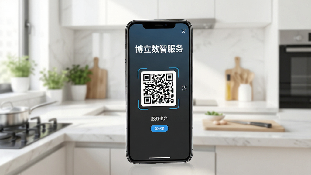 博立数智服务设备绑定界面,手机屏幕显示扫码绑定流程,画面中包含“博立数智服务”文字标识,背景为明亮的厨房操作台,风格简洁现代,细节清晰,画质干净,无多余元素