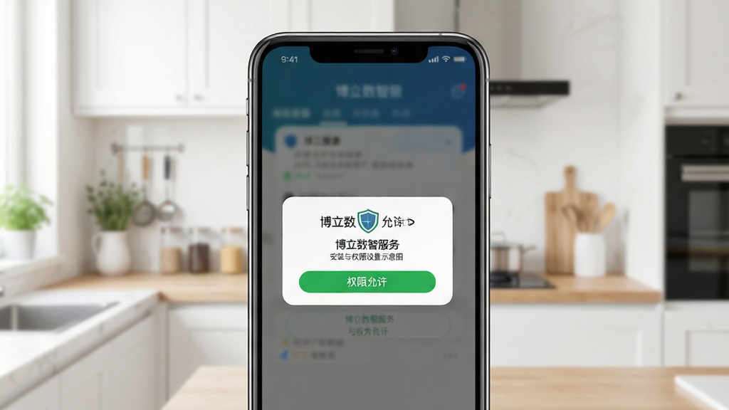 博立数智服务安装与权限设置示意图,手机屏幕显示权限允许弹窗,画面中包含“博立数智服务”文字,背景为厨房环境,风格清晰直观,细节干净,画质明亮,无多余元素