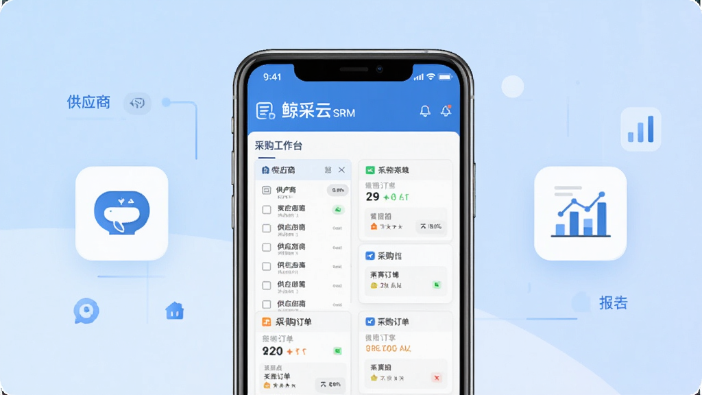 鲸采云SRM软件主界面展示图,画面中央放置一部智能手机,手机屏幕上显示鲸采云SRM的采购工作台界面,包含供应商列表与采购订单卡片,背景为浅蓝色渐变,左侧悬浮供应商协同图标,右侧悬浮数据报表图标,整体采用扁平化商务风格,色彩以蓝白为主,画面干净整洁,高清画质,无多余元素
