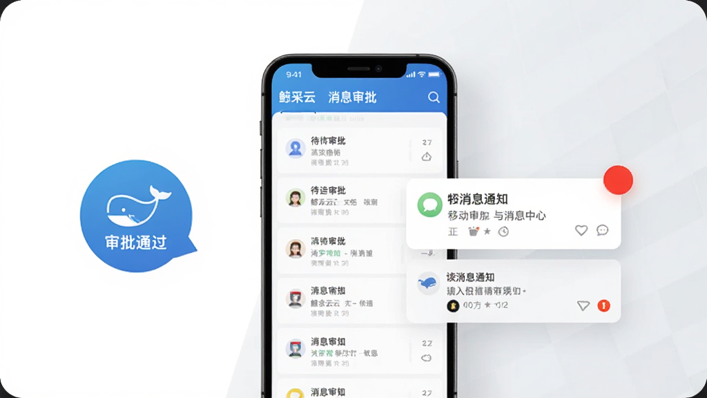鲸采云SRM移动审批与消息中心展示图,画面中央为手机屏幕,显示待审批列表与消息通知卡片,画面左侧为审批通过按钮图标,右侧为消息红点提醒标识,背景为白色与浅灰搭配,简约商务风格,高清画质,画面干净,无多余元素