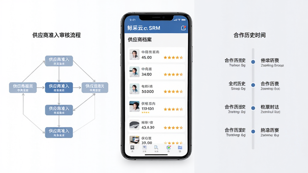 鲸采云SRM供应商管理界面展示图,画面中央为一部手机,屏幕显示供应商档案列表与星级评分,画面左侧为供应商准入审核流程图,右侧为合作历史时间轴,背景为白色与浅灰色搭配,商务简约风格,高清画质,画面干净,无多余元素