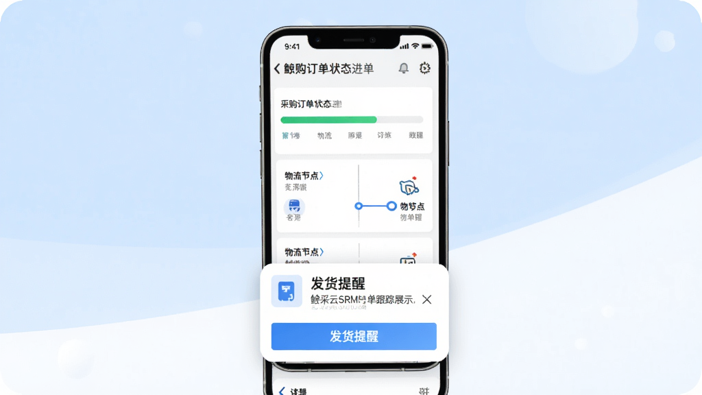 鲸采云SRM订单跟踪功能展示图,画面中央为手机屏幕,显示采购订单状态进度条与物流节点,画面下方为发货提醒弹窗,背景为浅蓝色与白色渐变,扁平化商务风格,细节清晰,高清画质,画面干净,无多余元素