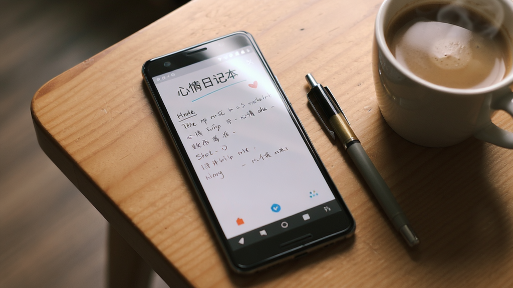 一部安卓手机放在木质桌面上,屏幕显示「心情日记本」的书写界面,旁边放着一支笔和一杯热咖啡,画面光线柔和温暖,风格生活化,排版自然,细节上手机屏幕有轻微反光,画质清晰,干净,无多余元素