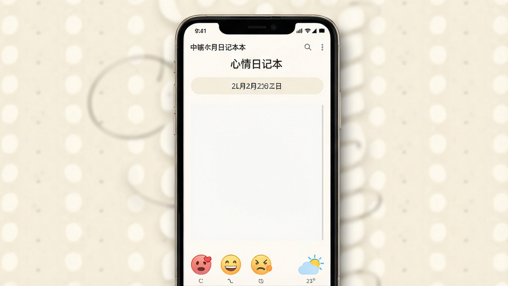 一张干净简洁的安卓手机屏幕展示界面,画面主体是一部竖屏手机,屏幕中显示「心情日记本」应用的主页,页面中央有日期栏和空白书写区,底部排列着心情表情图标和天气小图标,背景为柔和的米白色,风格清新简约,排版居中对称,细节上手机边缘有轻微阴影,画质清晰,干净,无多余元素
