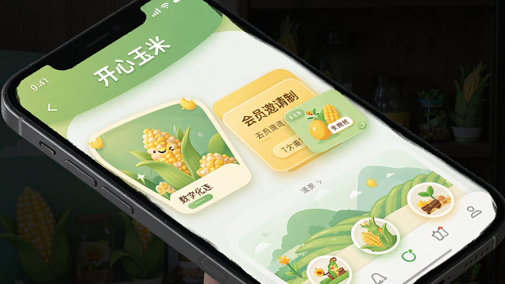 开心玉米应用主界面截图,主体为一部智能手机,屏幕显示开心玉米APP的首页,页面顶部有“开心玉米”文字标识,中部展示数字化连锁门店入口和会员邀请制卡片,底部有农场互动图标,布局简洁清晰,风格为现代扁平化设计,细节包括柔和的绿色和黄色主色调,画质高清,干净,无多余元素