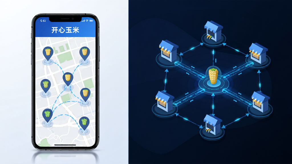 开心玉米数字化连锁功能示意图,主体为手机屏幕显示地图上的多个门店标记,布局为左侧手机、右侧抽象门店网络连接图,排版采用左右分栏,风格为科技感商务风,细节包括蓝色数据流线条连接各门店图标,手机屏幕上有“开心玉米”字样,画质高清,干净,无多余元素