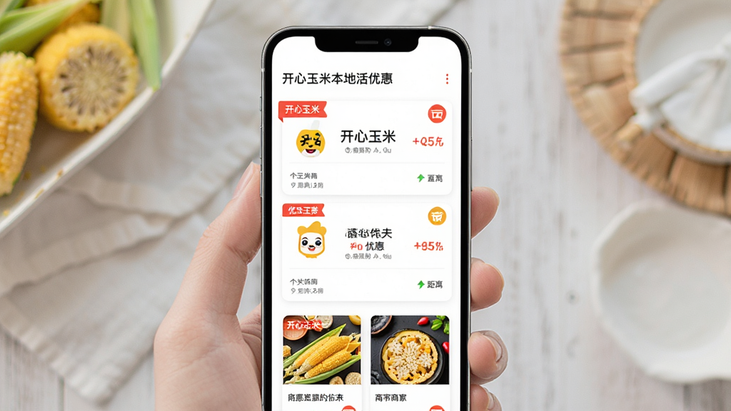 开心玉米本地生活优惠页面,主体为手机显示优惠券列表和商家卡片,布局为纵向列表,排版清晰,风格为清新简约风,细节包括红色的优惠标签、商家logo和距离信息,屏幕顶部有“开心玉米”文字,画质高清,干净,无多余元素