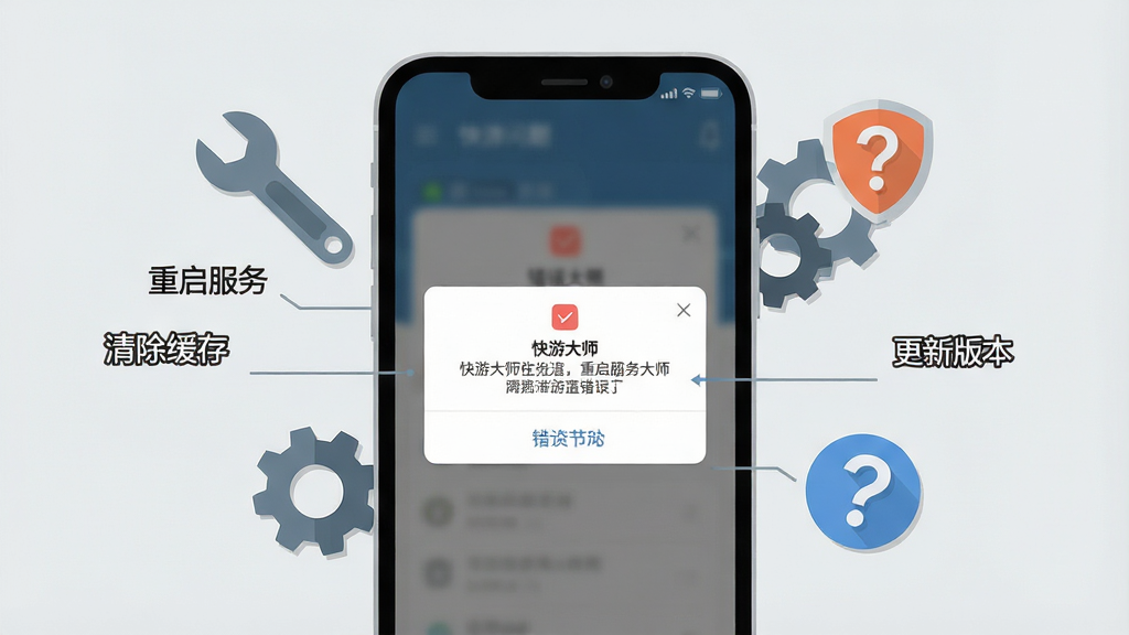 一张展示快游大师常见问题排查流程的图片,画面中央是手机屏幕显示错误提示弹窗,屏幕周围环绕着扳手、齿轮和问号图标,背景为浅灰色,风格为扁平化信息图,细节包括“重启服务”“清除缓存”“更新版本”等文字标签,画质清晰,干净无多余元素