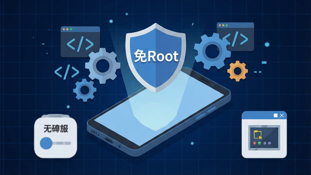 一张展示快游大师免Root权限运行原理的图片,画面中央是一部安卓手机,手机上方漂浮着盾牌图标和“免Root”字样,周围环绕着齿轮和代码符号,背景为深蓝色科技网格,风格为扁平化插画,细节包括无障碍服务开关和悬浮窗图标,画质高清,干净无多余元素