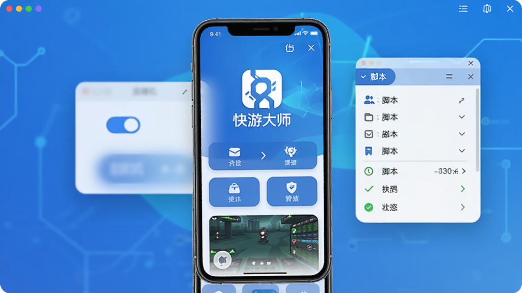 一张展示快游大师软件主界面的图片,画面中央是手机屏幕,屏幕上显示快游大师的LOGO和功能按钮,背景是科技感的蓝色渐变,布局简洁清晰,风格为现代扁平化设计,细节包括悬浮窗开关、脚本列表和运行状态指示,画质高清,干净无多余元素