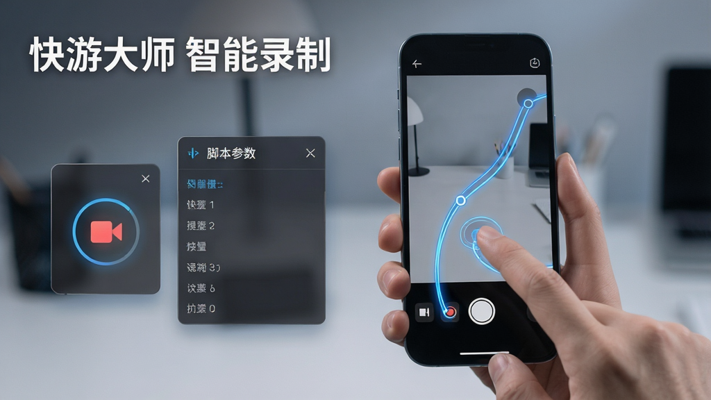 一张展示快游大师智能录制功能的图片,画面中一只手拿着手机,手指正在点击屏幕,屏幕周围有蓝色的轨迹线条记录操作路径,画面左侧悬浮着录制按钮和脚本参数面板,风格为科技感写实风,文字标注“快游大师 智能录制”,画质清晰,干净无多余元素