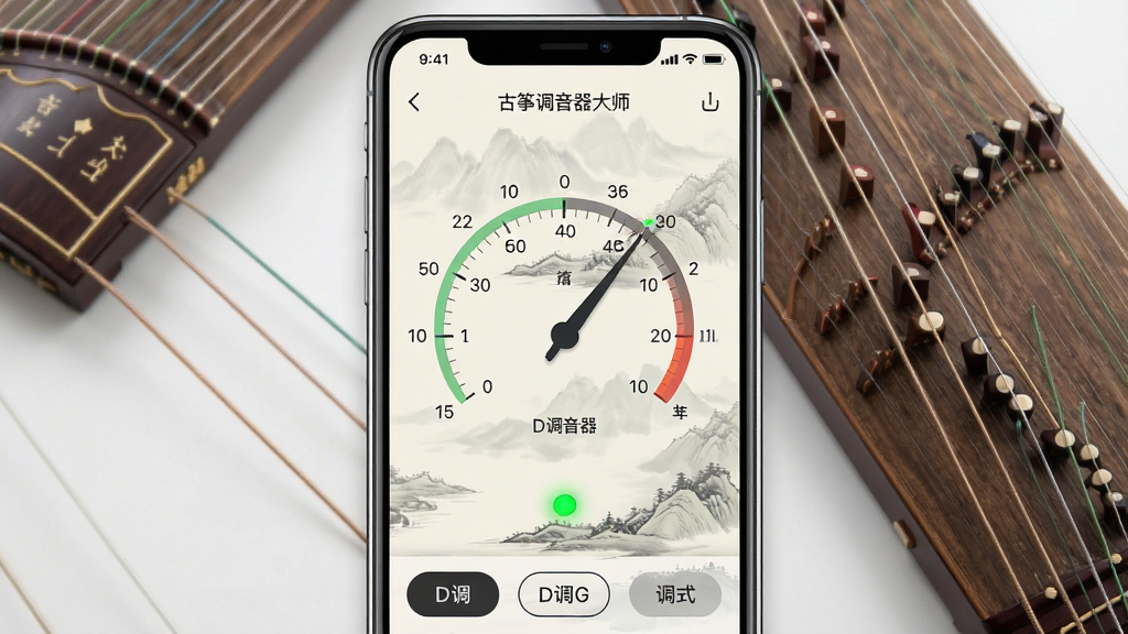 一张展示古筝调音器大师软件界面的手机截图,主体是一部竖屏智能手机,屏幕中央显示古筝调音器大师的调音仪表盘界面,有指针和音名刻度,背景是淡雅的中国风山水画风格,布局为手机居中放置,周围环绕几根古筝琴弦的装饰元素,风格为现代简约科技风,细节包括清晰的音分刻度、绿色达标指示灯、底部有D调G调等调式切换按钮,画质高清,干净整洁,无多余元素