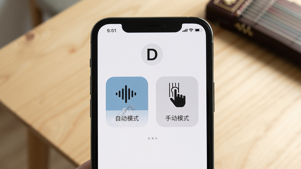 一张展示古筝调音器大师双模式切换界面的图片,主体是手机屏幕特写,屏幕上显示自动模式和手动模式的切换按钮,布局为手机居中,背景是柔和的木质桌面,风格为清新简约风,细节包括自动模式图标为声波、手动模式图标为手指点击琴弦、屏幕上有D调标识,画质高清,干净,无多余元素