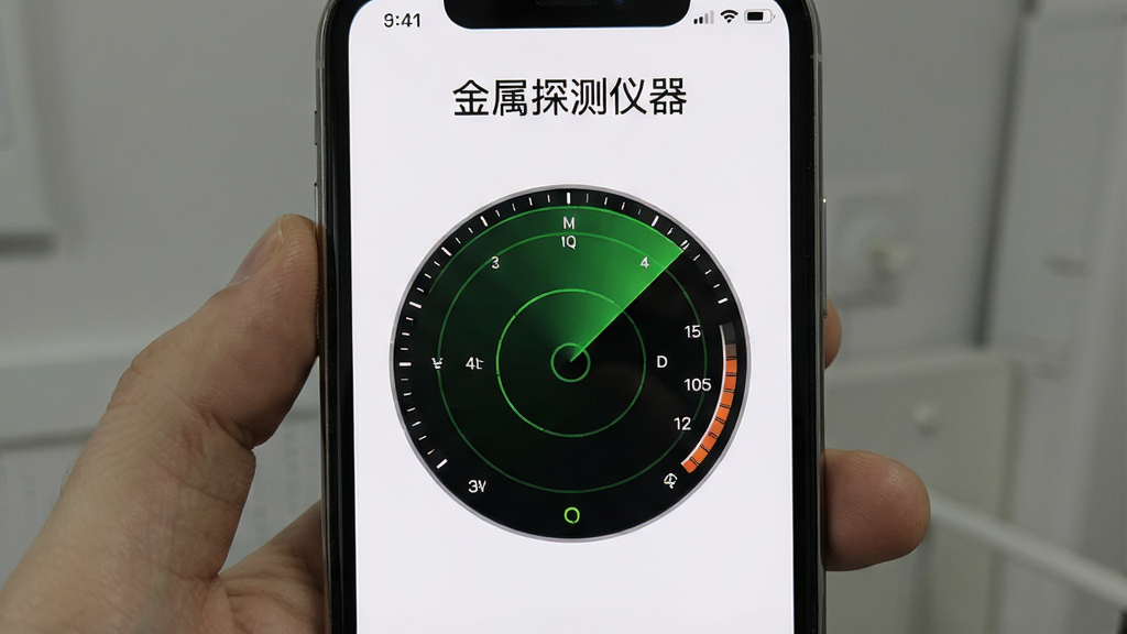金属探测仪器软件运行界面,手机屏幕显示简洁的探测仪表盘,背景干净无广告,带有“金属探测仪器”文字,高清画质,干净无多余元素