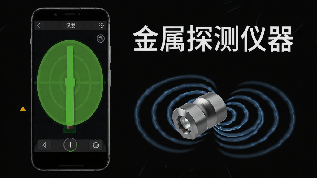 金属探测仪器安卓版操作演示图,手机屏幕显示探测界面,旁边有金属物体和磁场波纹示意,背景简洁,带有“金属探测仪器”文字,高清画质,干净无多余元素