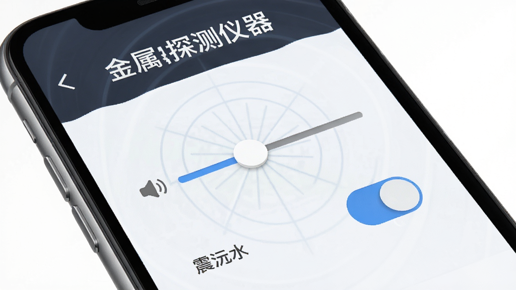 金属探测仪器软件声音与震动提醒设置界面,手机屏幕展示音量调节滑块和震动开关,背景简洁,带有“金属探测仪器”标识,高清画质,干净无多余元素