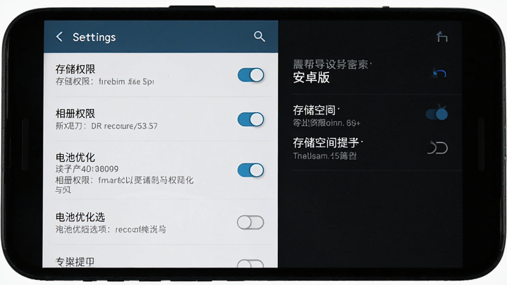 影帮手安卓版导出设置与权限管理界面,主体为手机屏幕中显示权限开关与存储空间提示,布局为设置列表式,排版展示多个开关按钮与说明文字,风格为系统设置风格,细节包含存储权限、相册权限、电池优化选项,画质清晰、干净、无多余元素