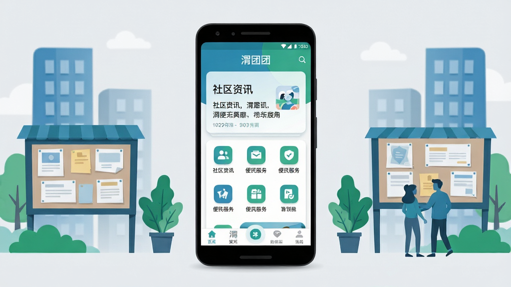 渭团团软件主界面全景展示,画面中央放置一部安卓手机,屏幕内呈现渭团团应用首页,包含社区资讯卡片、便民服务图标与底部导航栏;手机周围环绕社区场景元素,如楼房、公告栏、绿植与人物剪影;整体布局居中对称,手机为主体视觉焦点;排版采用左右留白、上下分层的构图方式;风格为现代扁平化插画,色彩以蓝绿为主调,搭配浅灰背景;细节上手机屏幕内文字清晰显示“渭团团”字样,图标圆润、卡片有轻微阴影;画质要求高清干净,无多余装饰元素,整体画面简洁明亮。