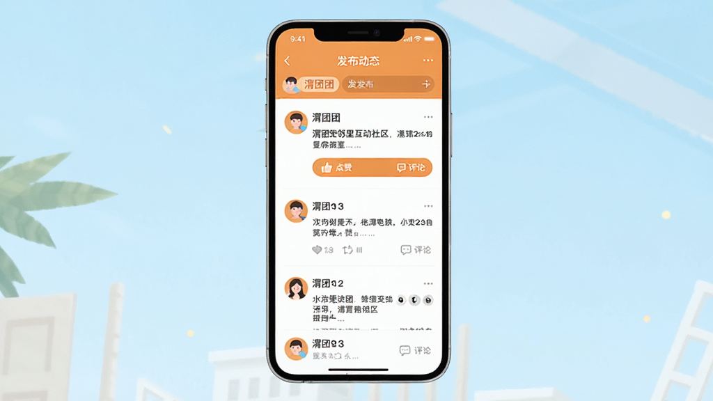 渭团团邻里互动社区界面图,画面中央为手机屏幕,显示渭团团社区动态页面,包含用户头像、动态文字、点赞与评论按钮;布局为垂直信息流,顶部有发布入口;风格为温暖扁平化设计,色彩以橙色与浅蓝为主;细节上屏幕内可见“渭团团”标签与多条互动内容;画质清晰,画面整洁,无杂乱元素。