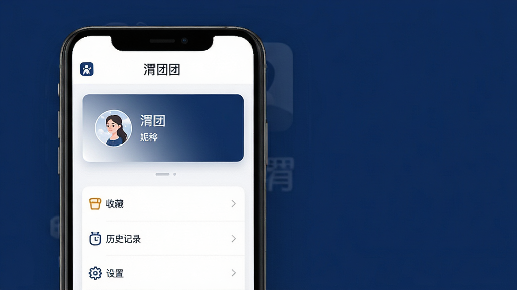 渭团团个人中心管理页面展示图,画面主体为手机屏幕,屏幕内显示个人中心界面,包含头像、昵称、收藏、历史记录与设置选项;布局为纵向列表式,顶部为个人信息卡片;风格为简约商务风,色彩以白色与深蓝为主;细节上屏幕顶部显示“渭团团”字样,图标线条简洁;画质高清,画面干净利落,无多余装饰。