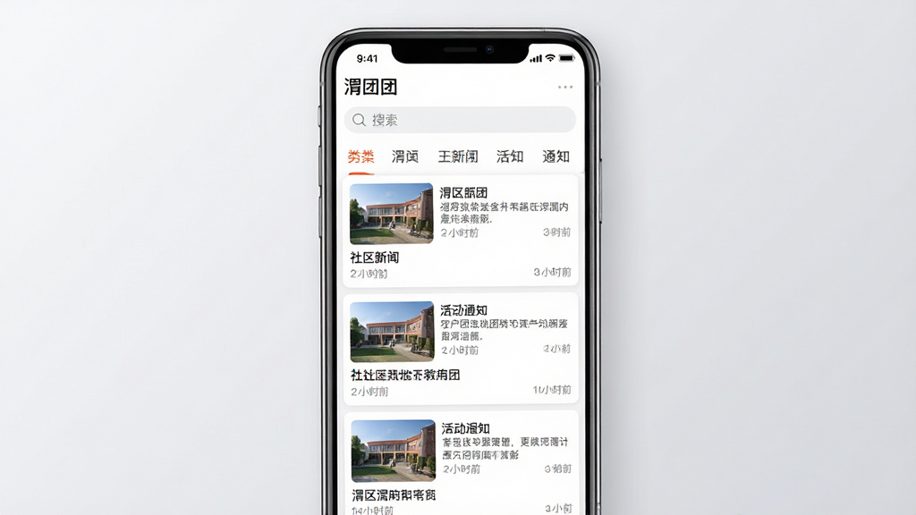 渭团团本地资讯聚合功能展示图,画面主体为一部手机屏幕,屏幕中显示渭团团资讯列表页面,包含多条社区新闻卡片与活动通知;布局采用上下滚动式信息流,顶部有搜索框与分类标签;风格为简洁UI界面展示,背景为浅灰色渐变;细节上卡片带有缩略图、标题与时间标签,屏幕上方清晰显示“渭团团”名称;画质高清,画面干净,无多余元素。