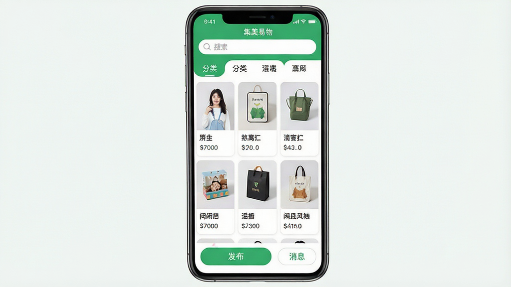 一张手机应用界面展示图,画面中央是一部竖屏智能手机,屏幕内显示