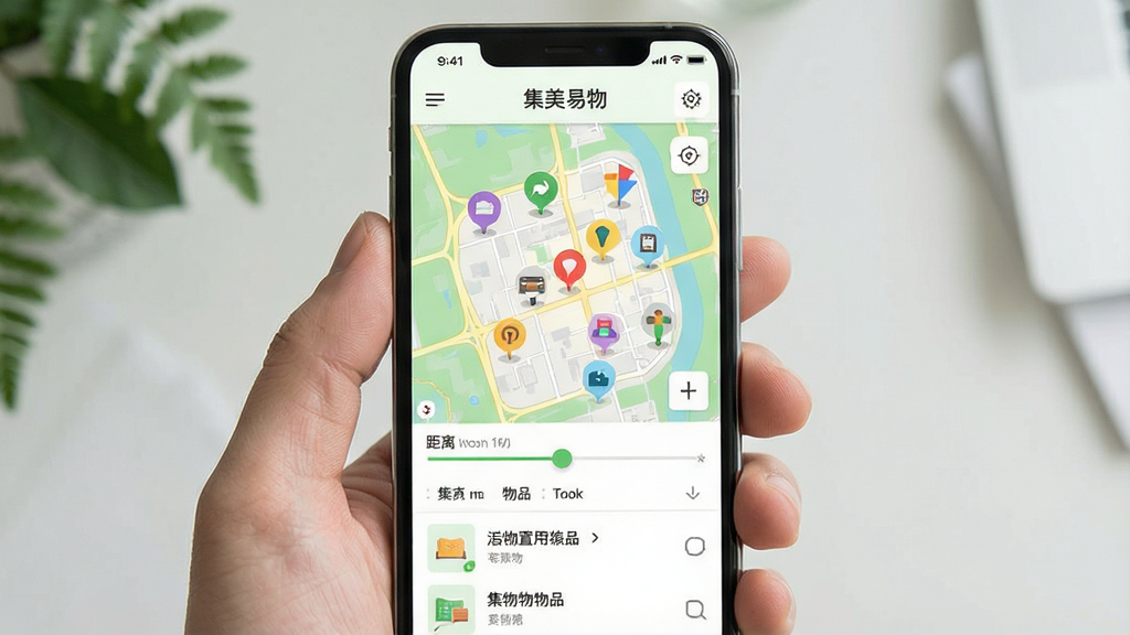一张展示手机地图界面的图片,画面中一部手机屏幕上显示地图视图,地图上分布着多个彩色小图标代表附近的闲置物品位置,地图下方有距离筛选滑块和物品列表,页面顶部写着