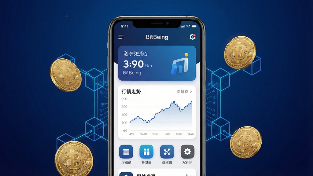 一张展示比特纪BitBeing手机应用界面的场景图,画面中央是一部竖直放置的智能手机,手机屏幕上显示比特纪BitBeing应用的主界面,界面包含资产总览卡片、行情走势简图与功能入口图标,手机两侧环绕着几枚金色的数字纪念币与抽象的区块链线条图案,背景为深蓝色渐变,布局居中对称,风格简洁现代科技感,细节上突出应用图标与界面文字清晰可辨,画质高清,干净,无多余元素