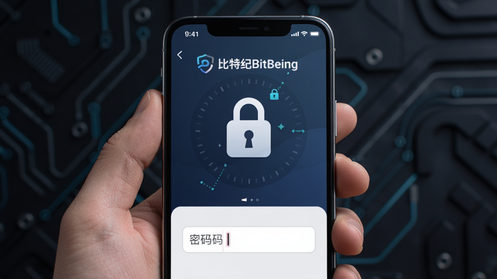 手机屏幕显示比特纪BitBeing的安全设置页面,屏幕上有锁形图标和密码输入框,手机被一只手握住,背景为深色科技感纹理,布局以手机屏幕为中心,风格安全可靠,细节上突出“比特纪BitBeing”应用名称和加密锁图标,画质高清,干净,无多余元素