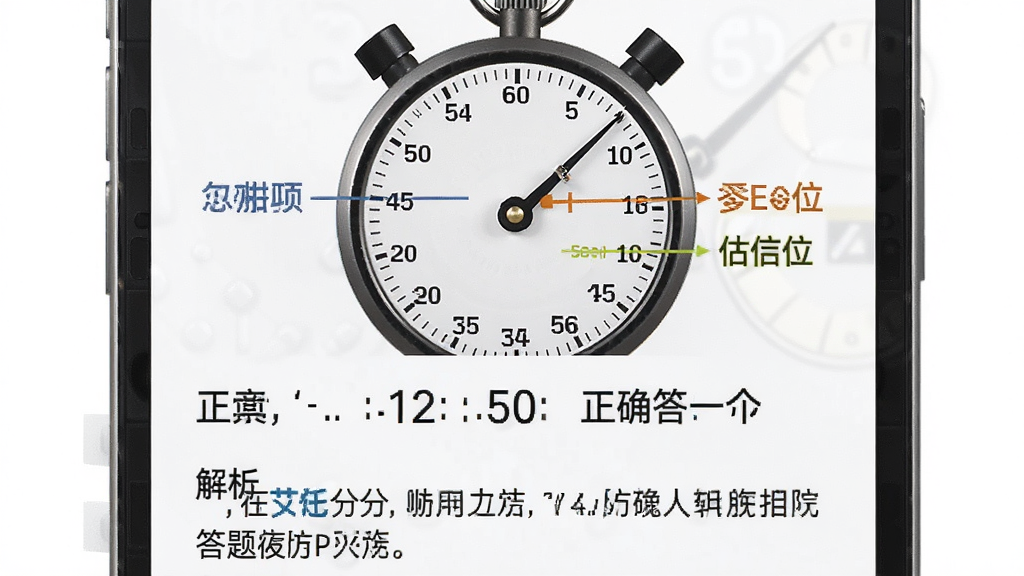 一张展示秒表读数应用答题反馈界面的图片,屏幕上方显示秒表表盘,下方显示正确答案和解析文字,用不同颜色标注分针、秒针和估读位,界面清晰,画质干净,无多余元素
