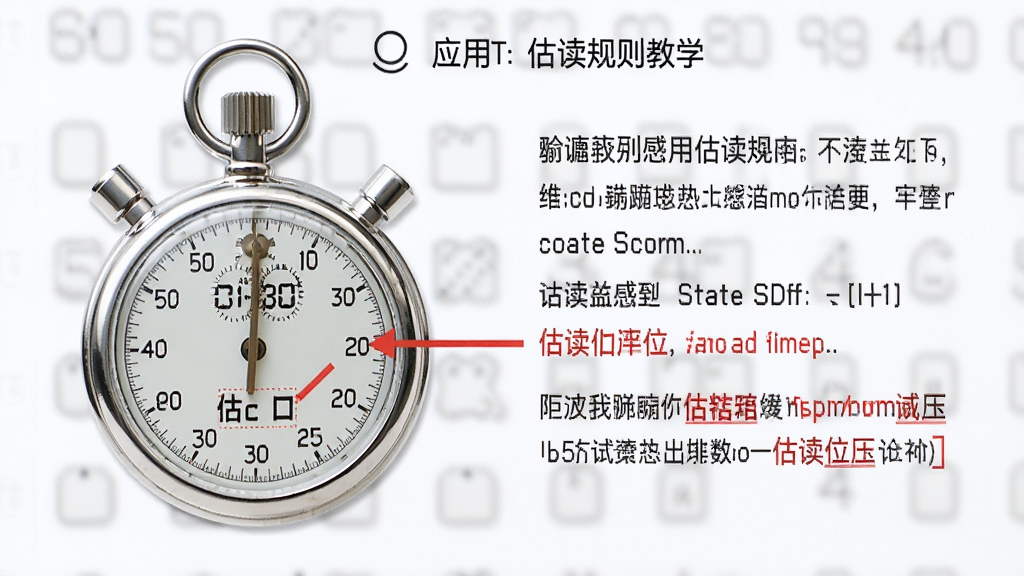 一张展示秒表读数应用估读规则教学页面的图片,屏幕中显示机械秒表表盘和文字说明,重点标注估读位,界面排版清晰,风格简洁,画质干净,无多余元素