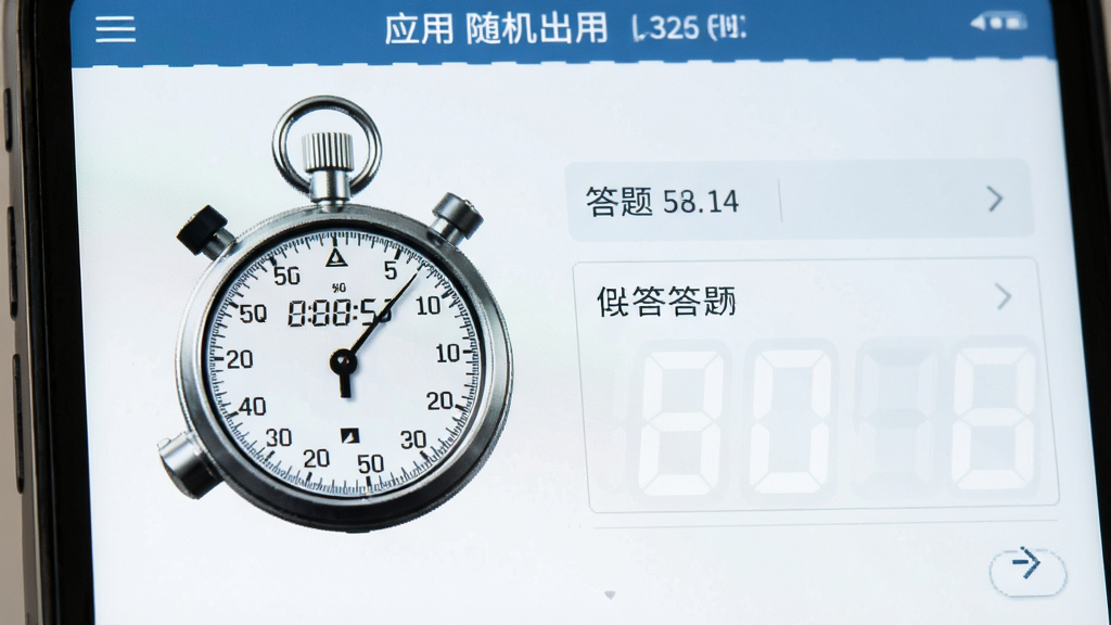 一张展示秒表读数应用随机出题界面的图片,屏幕上显示一个机械秒表表盘,旁边有题目编号和答题区域,界面简洁,风格清爽,画质清晰,无多余元素