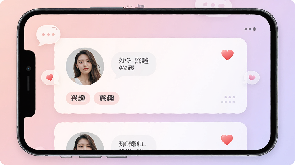一张展示情有独钟交友软件主界面的手机屏幕截图,画面居中放置一部现代智能手机,屏幕内显示交友软件的用户推荐卡片,卡片上有用户头像和兴趣标签,背景为淡粉色与浅紫色渐变,风格清新温馨,细节包含聊天气泡图标和爱心元素,画质高清,干净简洁,无多余杂乱元素