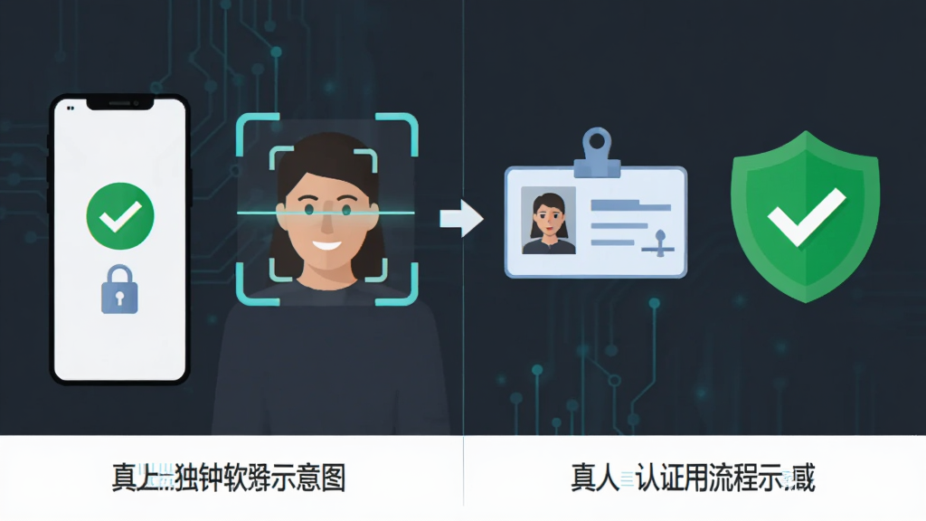 情有独钟软件真人认证流程示意图,画面包含手机屏幕、人脸识别扫描框、身份证件图标和绿色认证盾牌标识,布局为左右分栏展示认证步骤,风格扁平化科技感,细节包含对勾符号和加密锁图案,画质清晰,干净简洁,无多余装饰