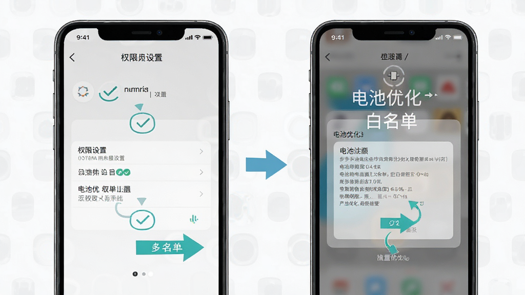 情有独钟软件新手操作指引图,画面为手机屏幕展示权限设置界面与电池优化白名单操作步骤,布局为竖向流程图,风格简洁明了,细节包含勾选图标和箭头引导,画质高清,干净无多余元素